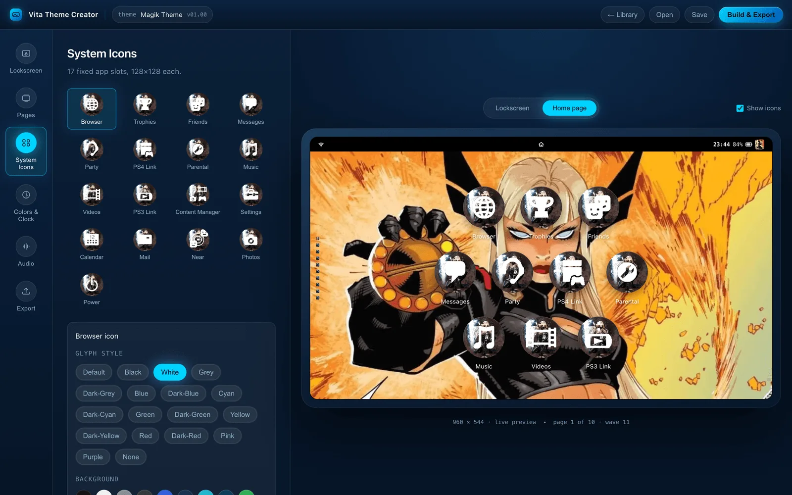System icon editor showing glyph style and background